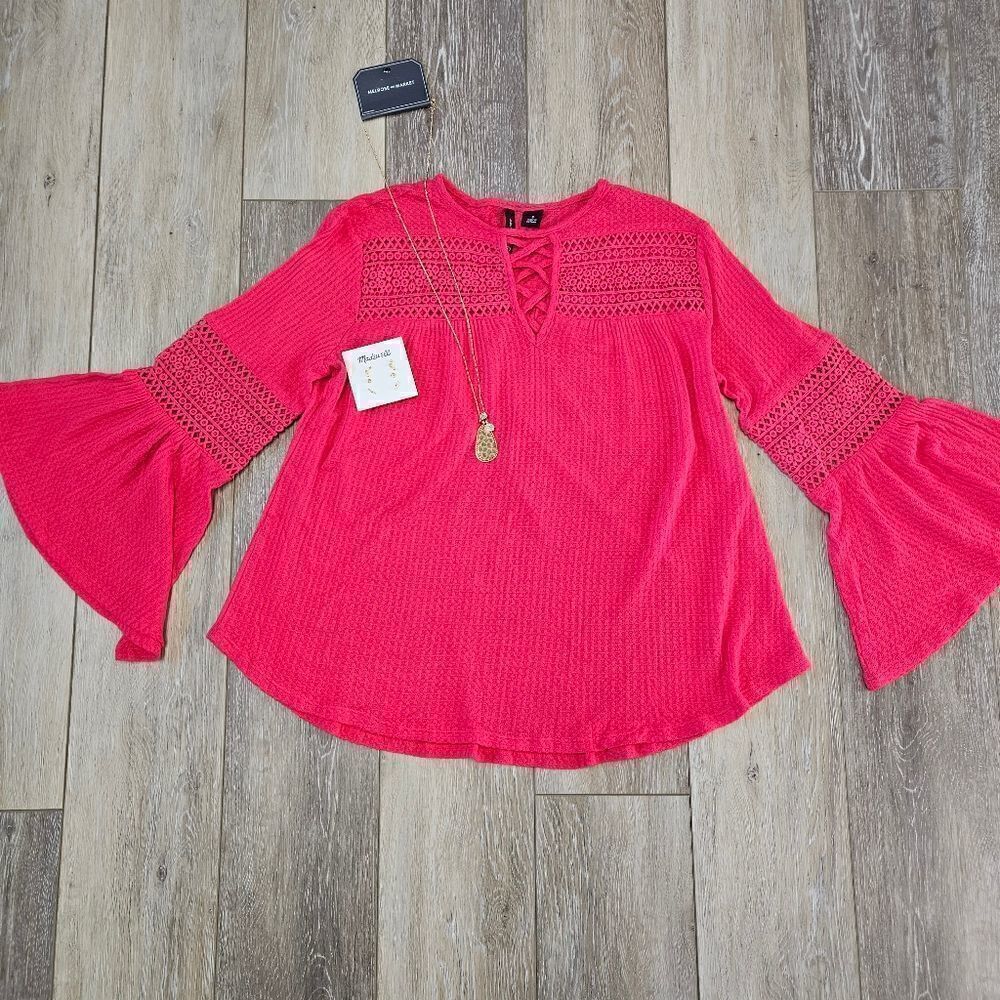 New Directions Red Bell Sleeve Waffle Knit Blouse Crochet Eyelet Women's Small